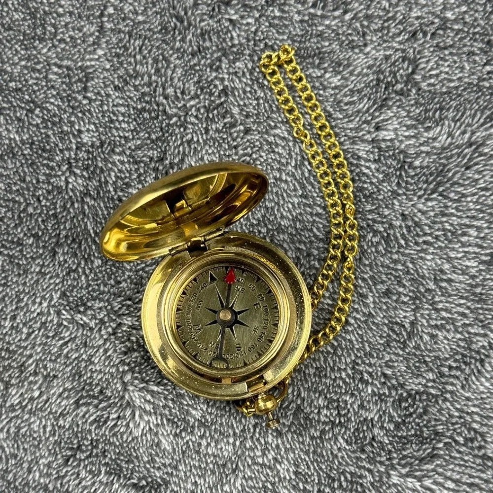 Vintage‎ Brass Pocket Compass Hunter Case Flip Top Gold Tone Chain Navigation